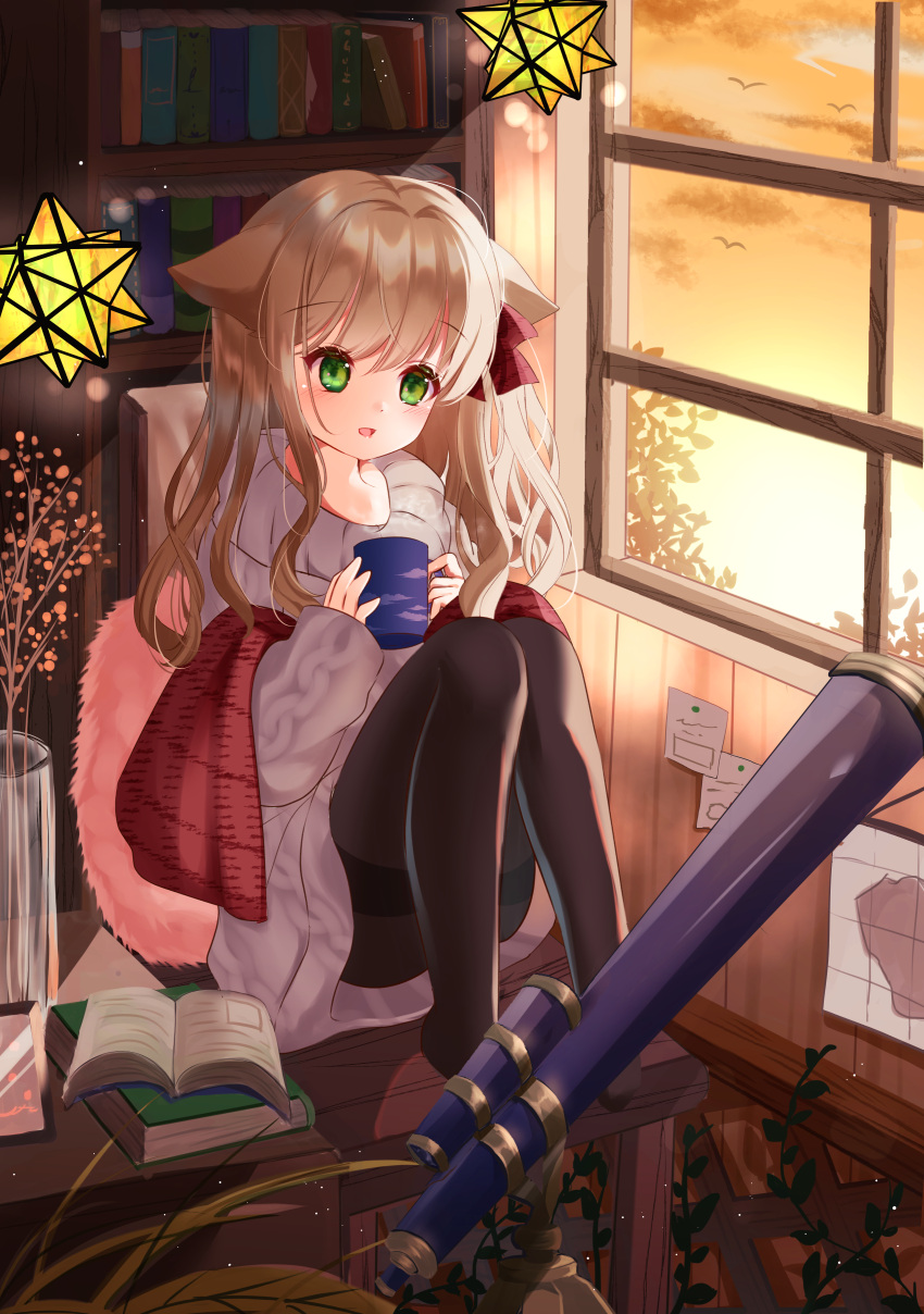 1girl :d absurdres animal_ears black_legwear cup dress green_eyes highres indoors light_brown_hair long_hair long_sleeves mug open_mouth original pantyhose plant smile steam sweater sweater_dress telescope tsukimiya_sara twilight window