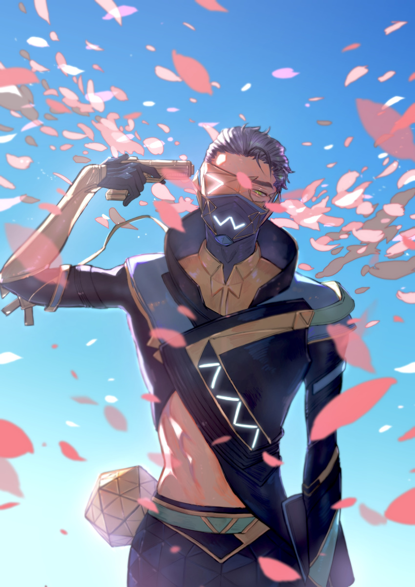 1boy absurdres apex_legends blue_hair blue_jacket blue_pants broken_eyewear floating green_eyes gun gun_to_head hair_slicked_back handgun highres holding holding_gun holding_weapon jacket kawaniwa mask mouth_mask octane_(apex_legends) one_eye_covered pants petals pistol sky solo visor weapon