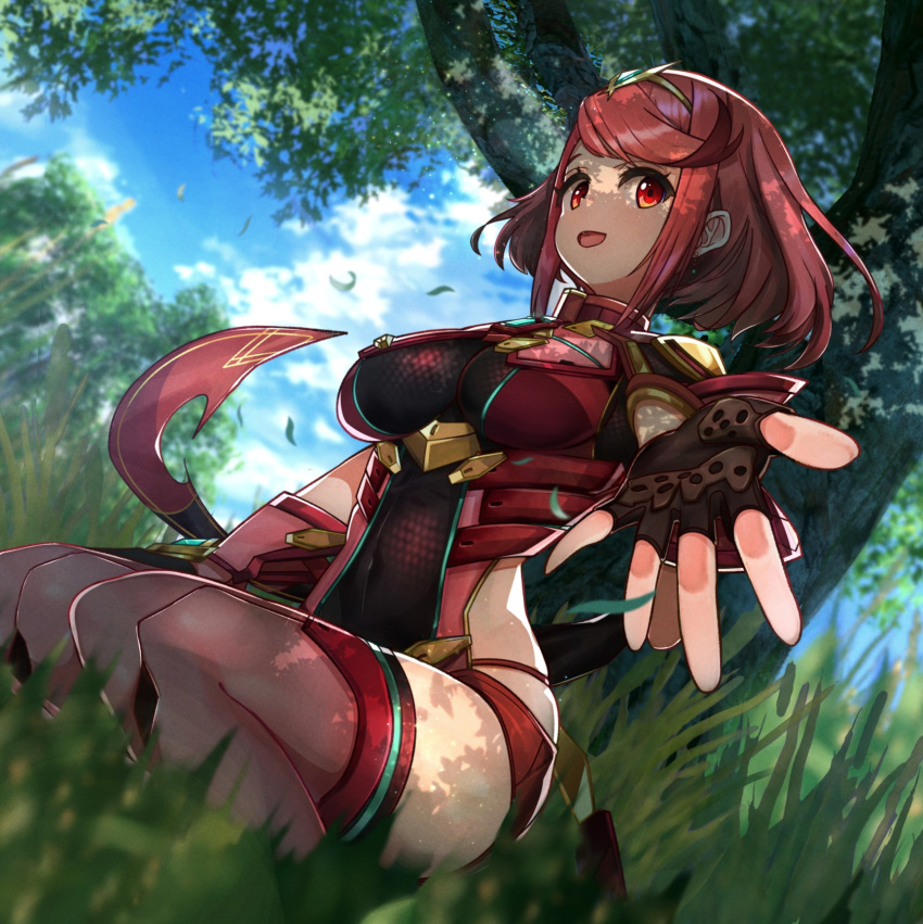 1girl bangs black_gloves breasts chest_jewel earrings fingerless_gloves gloves highres jewelry large_breasts nakazou2000 pyra_(xenoblade) red_eyes red_legwear red_shorts redhead short_hair short_shorts shorts swept_bangs thigh-highs tiara xenoblade_chronicles_(series) xenoblade_chronicles_2