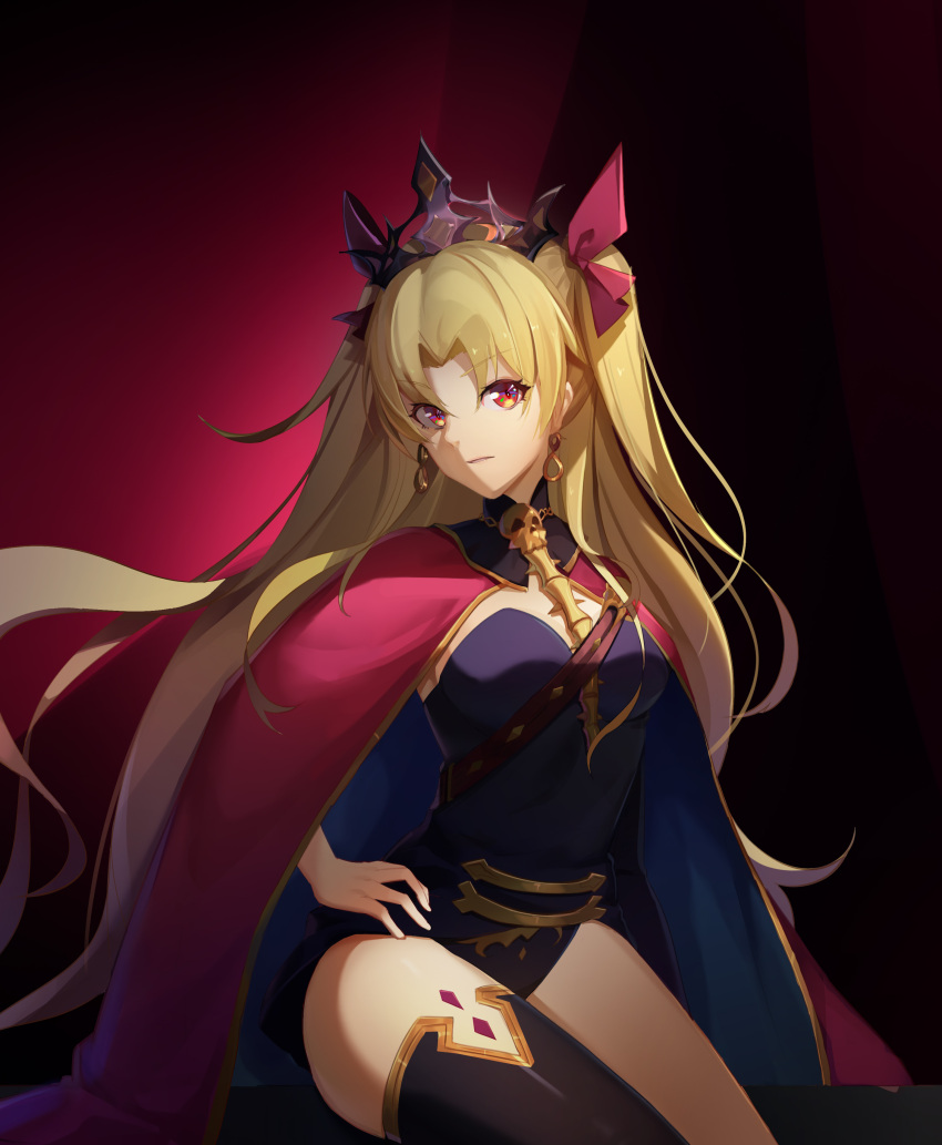 1girl absurdres ar_(3779609928) black_legwear black_leotard blonde_hair breasts cape earrings ereshkigal_(fate) fate/grand_order fate_(series) hair_ribbon hand_on_hip highres jewelry leotard long_hair looking_at_viewer red_cape red_eyes red_ribbon ribbon single_thighhigh skull small_breasts solo spine thigh-highs tiara two_side_up very_long_hair