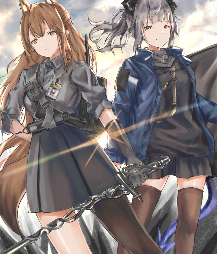 2girls absurdres animal_ears arknights bangs black_gloves black_shirt black_skirt blue_jacket brown_eyes brown_hair brown_legwear commentary feet_out_of_frame fox_ears fox_tail franka_(arknights) gloves grey_shirt grey_skirt highres holding holding_sword holding_weapon horns jacket karanashi_noma left-handed liskarm_(arknights) long_hair looking_at_viewer miniskirt multiple_girls open_clothes open_jacket shirt short_sleeves silver_hair single_leg_pantyhose skirt smile standing sword tail thigh-highs weapon zettai_ryouiki