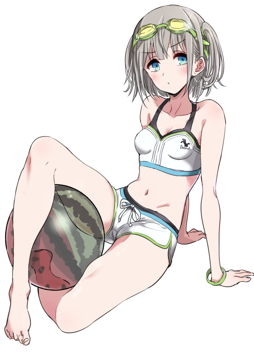 1girl arm_support ball bangs bare_arms bare_legs bare_shoulders barefoot beachball bikini blue_eyes breasts collarbone commentary_request eyebrows_visible_through_hair full_body goggles goggles_on_head grey_hair highres idolmaster idolmaster_shiny_colors looking_at_viewer navel pizzasi serizawa_asahi short_shorts shorts simple_background small_breasts solo swimsuit transparent two_side_up white_background white_bikini white_shorts