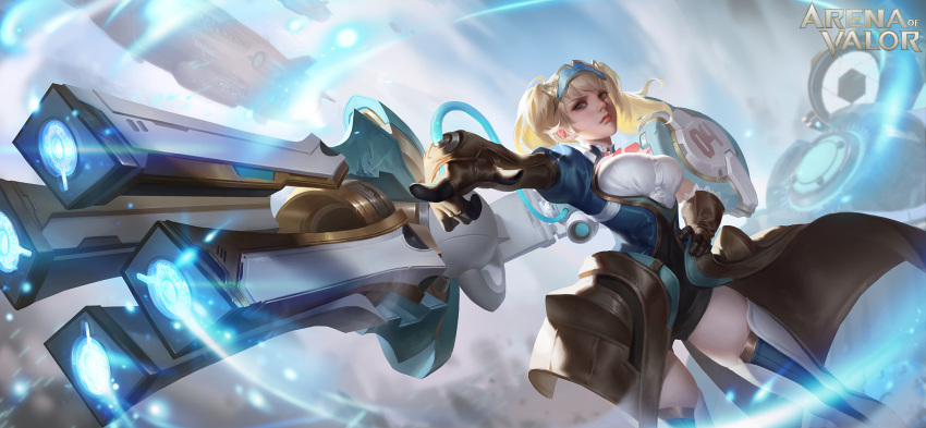 arena_of_valor blonde_hair breasts capheny_(arena_of_valor) closed_mouth clothing_request commentary commentary_request english_text gloves highres large_breasts pointing space_craft tagme thigh-highs watermark web_address y_xun