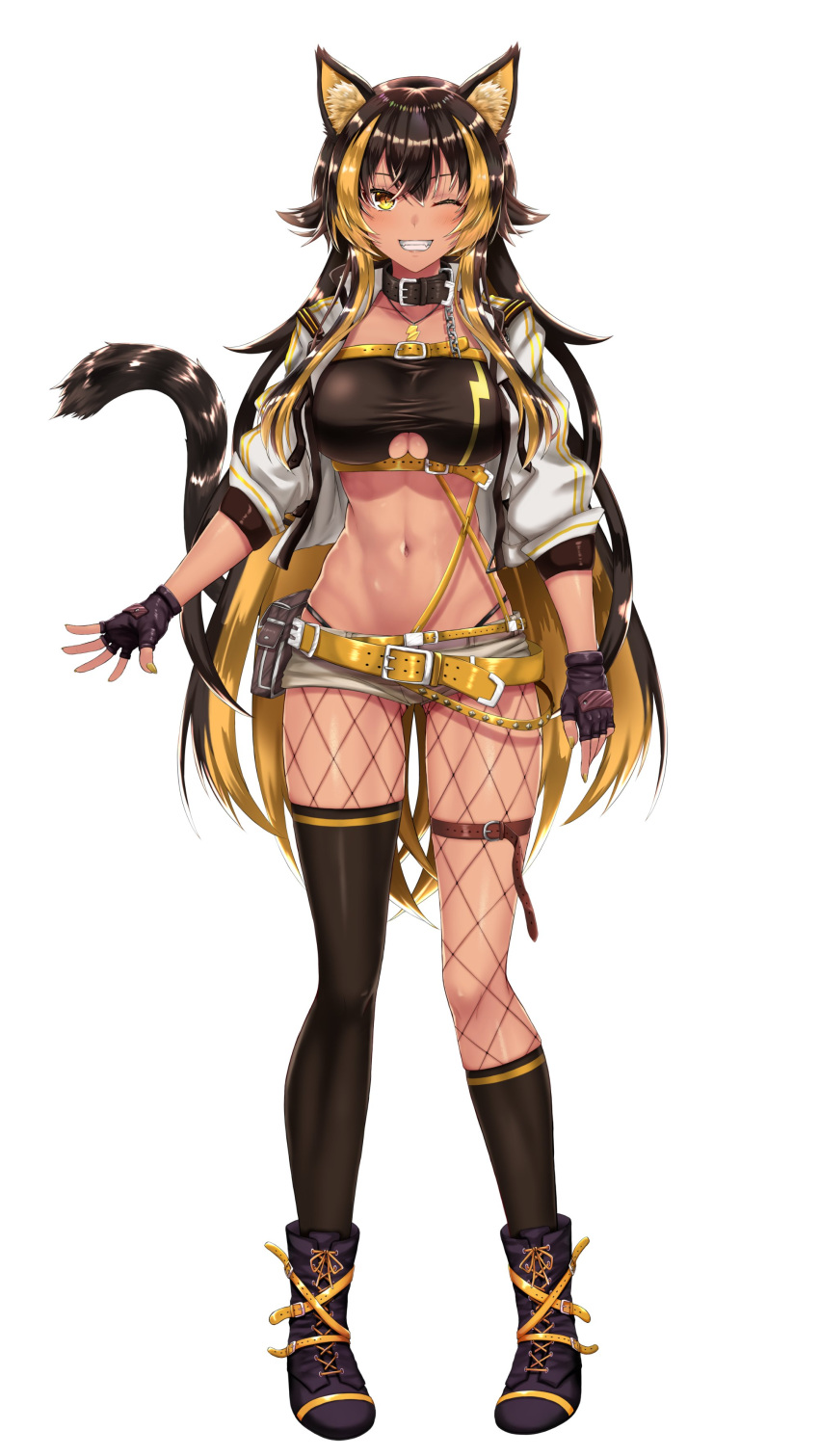 1girl absurdres animal_ears asymmetrical_legwear belt belt_pouch blonde_hair blush boots brown_hair cat_ears cat_girl cat_tail commentary_request cropped_jacket dark_skin fingerless_gloves fishnet_legwear fishnets full_body gloves highleg highleg_panties highres indie_virtual_youtuber jacket looking_at_viewer midriff multicolored_hair navel nekoyo_chloe official_art one_eye_closed open_clothes open_jacket panties pouch shiny shiny_hair shiny_skin short_hair shorts simple_background smile solo stomach tail takecha two-tone_hair underwear virtual_youtuber white_background yellow_eyes