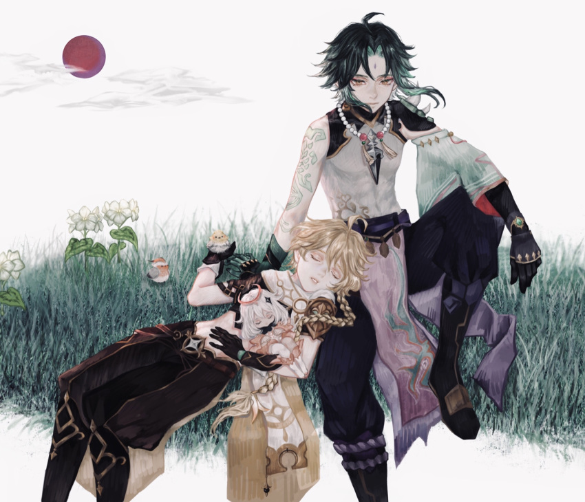 2boys aether_(genshin_impact) ahoge aqua_hair bangs black_gloves black_hair black_pants boots braid closed_eyes clouds facial_mark forehead_mark genshin_impact gloves grass highres jewelry knee_up long_hair long_sleeves looking_at_viewer lying multicolored_hair multiple_boys necklace on_back outdoors pants parted_bangs shirone_(coxo_ii) sitting sleeping sun two-tone_hair white_sky xiao_(genshin_impact)