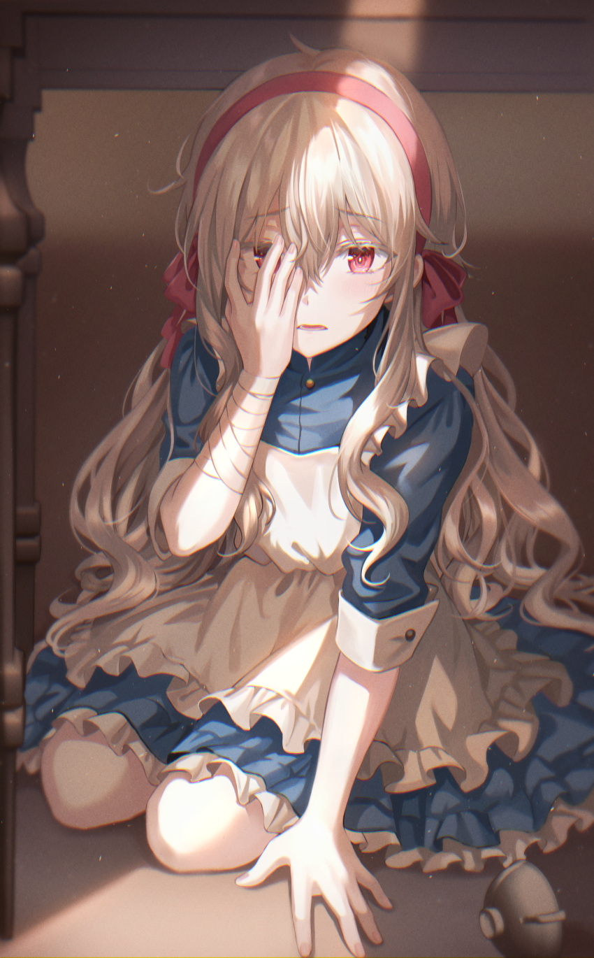 1girl absurdres apron bandaged_arm bandages bangs blonde_hair blue_shirt blue_skirt blush commentary_request covering_one_eye dress eyebrows_visible_through_hair frilled_apron frilled_dress frills full_body hair_between_eyes hair_ribbon hairband highres huge_filesize kagerou_project kozakura_marry layered_dress long_hair looking_at_viewer lower_teeth maid maid_apron open_mouth red_eyes red_hairband red_ribbon ribbon scared seiza shadow shirt short_sleeves sidelocks sitting skirt sleeves_folded_up solo tokkyu under_table white_apron