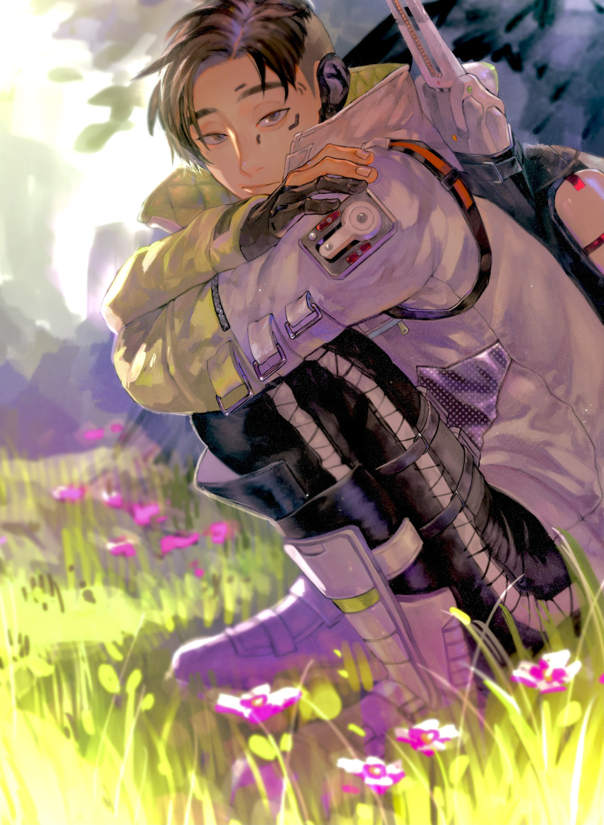1boy absurdres apex_legends asian black_gloves black_hair black_pants boots crossed_arms crypto_(apex_legends) flower from_side gloves grass green_sleeves grey_eyes grey_jacket hack_(apex_legends) highres jacket kawaniwa looking_at_viewer pants partially_fingerless_gloves pink_flower smile solo squatting sunlight undercut white_footwear