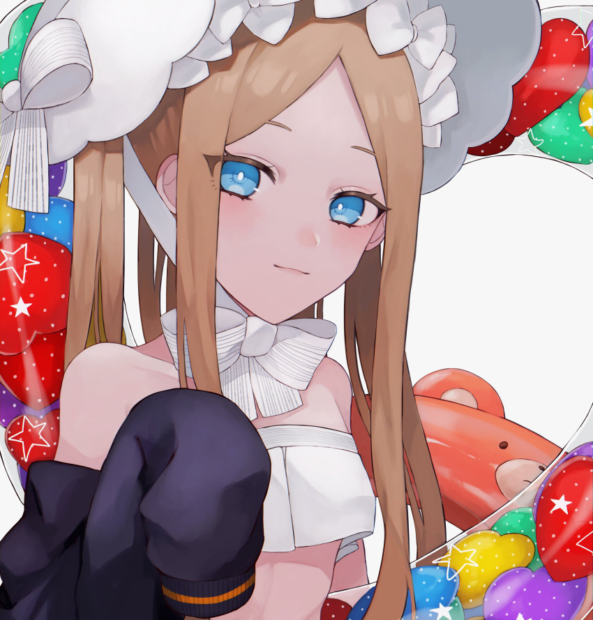 1girl abigail_williams_(fate) abigail_williams_(swimsuit_foreigner)_(fate) artist_request bangs bare_shoulders bikini black_jacket blonde_hair blue_eyes bonnet bow breasts fate/grand_order fate_(series) forehead hair_bow highres innertube jacket long_hair long_sleeves off_shoulder parted_bangs sidelocks small_breasts smile swimsuit twintails very_long_hair white_bikini white_bow white_headwear