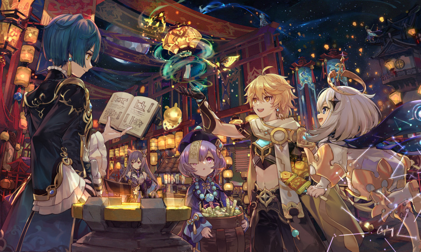 3boys 4girls aether_(genshin_impact) ahoge architecture artist_name banner bead_necklace beads black_gloves black_pants blue_eyes blue_hair blue_jacket blue_scarf blush book boots closed_mouth commentary cowboy_shot csyday double_bun dress earrings east_asian_architecture english_commentary fish floating floating_object food frilled_sleeves frills ganyu_(genshin_impact) genshin_impact gloves glowing goat_horns grey_hair grilled_fish hair_between_eyes halo hand_on_hip hat highres holding holding_food holding_spear holding_weapon horns jacket jewelry jiangshi kebab keqing_(genshin_impact) lantern light_blue_hair long_hair looking_up magic midriff moon moon_carver multicolored_hair multiple_boys multiple_girls navel necklace night night_sky ofuda open_mouth outdoors outstretched_hand paimon_(genshin_impact) pants polearm purple_dress purple_hair purple_headwear purple_robe qing_guanmao qiqi_(genshin_impact) reading scarf scroll short_hair signature silver_hair sitting sky smile spear standing star_(sky) starry_sky tassel tassel_earrings triangle_mouth twintails two-tone_hair weapon white_footwear white_scarf wide_sleeves xiao_(genshin_impact) xingqiu_(genshin_impact) yellow_eyes