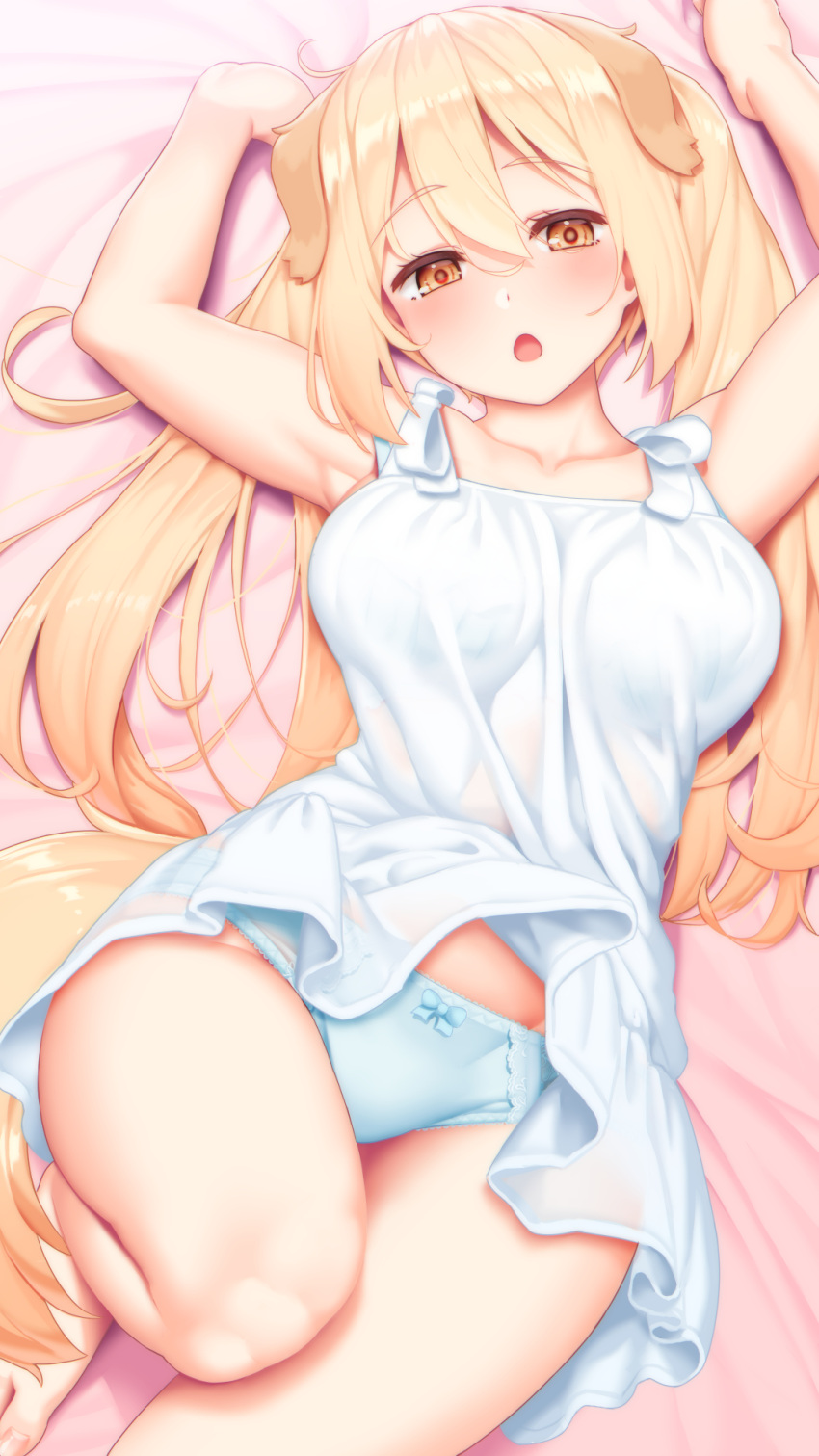 1girl :o animal_ears armpits arms_up bangs barefoot bed_sheet blonde_hair blue_panties blush bow bow_panties breasts collarbone commentary_request dog_ears dog_girl dress eyebrows_visible_through_hair hair_between_eyes highres large_breasts long_hair looking_at_viewer lying on_back orange_eyes original panties sleeveless sleeveless_dress solo tachimi_(basue) twintails underwear white_dress