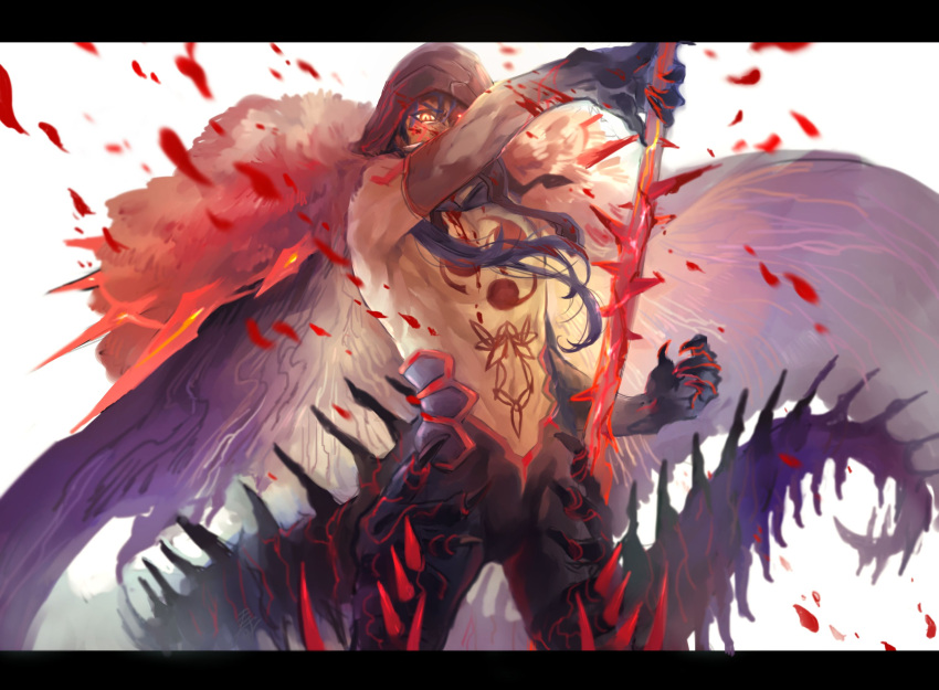 1boy black_gloves black_pants blood blood_splatter blue_hair bodypaint bulge cape claws cu_chulainn_(fate)_(all) cu_chulainn_alter_(fate/grand_order) dark_blue_hair dark_persona earrings elbow_gloves fate/grand_order fate_(series) floating_hair fur-trimmed_cape fur_trim gae_bolg_(fate) gloves glowing glowing_eyes harukazu highres holding holding_polearm holding_weapon hood hood_up jewelry long_hair looking_at_viewer male_focus monster_boy muscular muscular_male navel pants polearm ponytail red_eyes shirtless slit_pupils solo spikes tail weapon