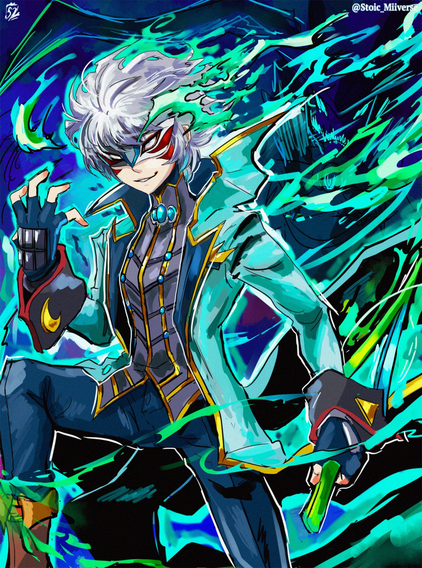 alternate_color alternate_costume alternate_eye_color amamiya_ren arsene_(persona_5) aura blank_eyes blue_gloves blue_jacket blue_pants boots chest_jewel crescent cuff_links cuffs dagger domino_mask evil_smile facial_tattoo fierce_deity fingerless_gloves gem gloves highres holding holding_weapon jacket long_sleeves mask pants persona persona_5 possessed shoes sleeve_cuffs smile stoic_seraphim super super_smash_bros. tattoo the_legend_of_zelda the_legend_of_zelda:_majora's_mask triangle weapon white_hair