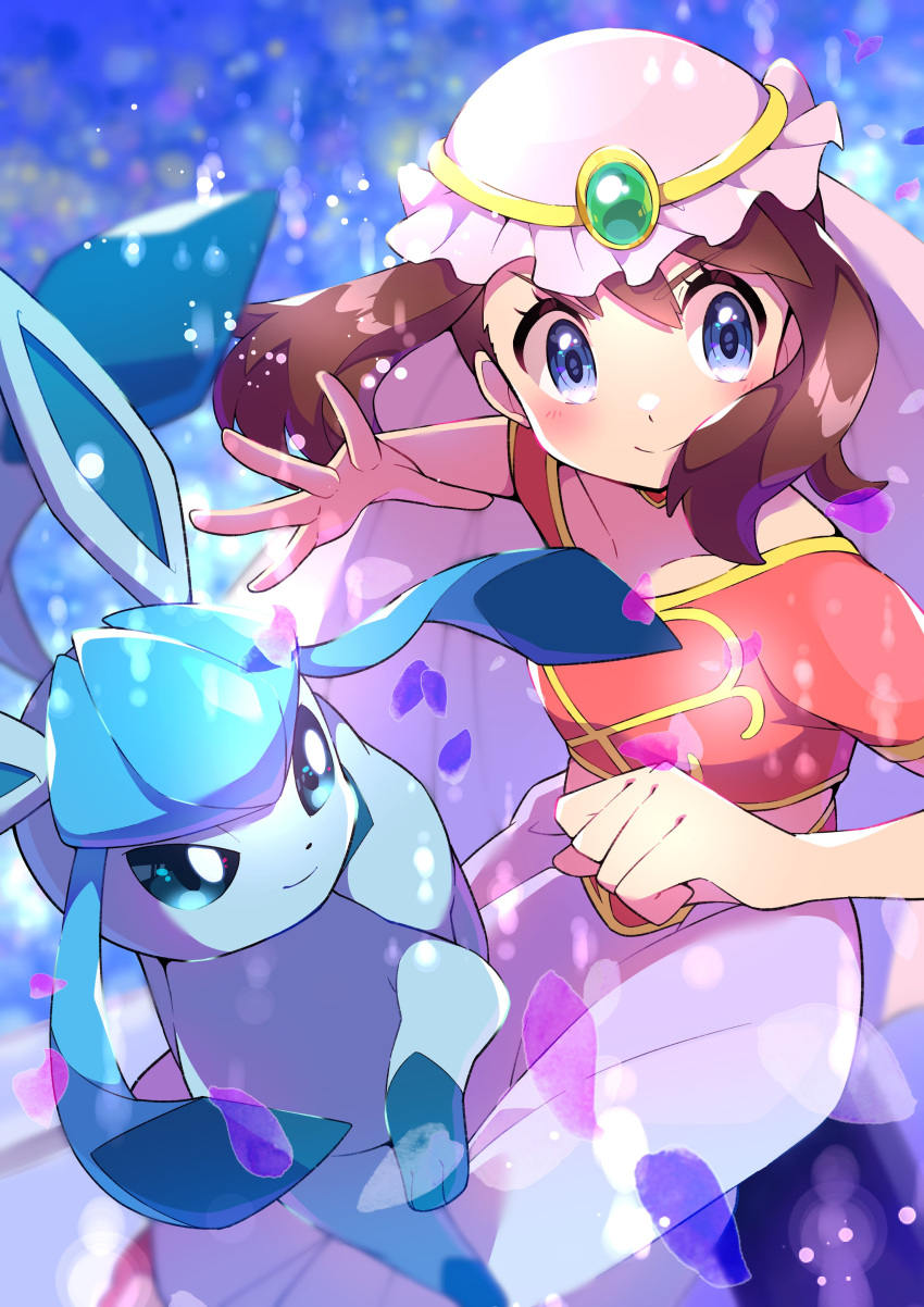 1girl absurdres bangs blue_eyes blurry blush brown_hair clenched_hand closed_mouth collarbone eyelashes floating_hair frills gen_4_pokemon glaceon hands_up highres looking_to_the_side may_(pokemon) paws petals pokemon pokemon_(anime) pokemon_(creature) pokemon_dppt_(anime) pon_yui shiny shiny_hair short_sleeves skirt smile spread_fingers toes