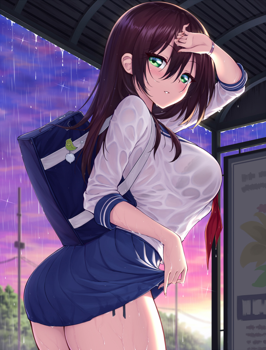 1girl arm_up bag black_bra blush bra bra_through_clothes bralines breasts brown_hair bus_stop cowboy_shot fingernails from_side green_eyes half-closed_eyes hand_up highres ivenglynn keychain large_breasts long_hair long_sleeves looking_at_viewer original outdoors parted_lips pink_sky pleated_skirt purple_sky rain red_neckwear sailor_collar school_uniform see-through shirt skirt sky standing sunset underwear wet wet_clothes wet_hair wet_shirt wristband