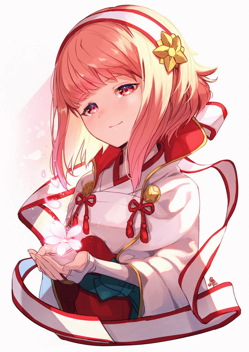 1girl bangs blush cupping_hands eyebrows_visible_through_hair fingerless_gloves fire_emblem fire_emblem_fates flower gloves hair_ornament hairband headband highres japanese_clothes nakabayashi_zun obi pink_flower pink_hair red_eyes sakura_(fire_emblem) sash short_hair smile solo symbol_commentary white_background white_gloves white_headband