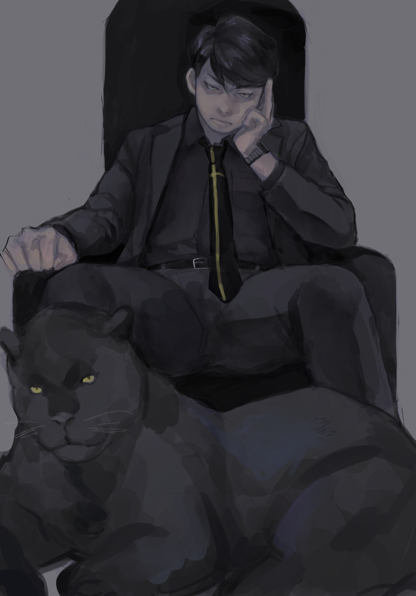 1boy belt black_hair black_pants black_shirt chair clenched_hand grey_background hand_on_own_cheek hand_on_own_face highres male_focus mtmr_0721 necktie panther pants sangatsu_no_lion serious shigeta_morio shirt short_hair simple_background sitting spread_legs watch watch yellow_eyes