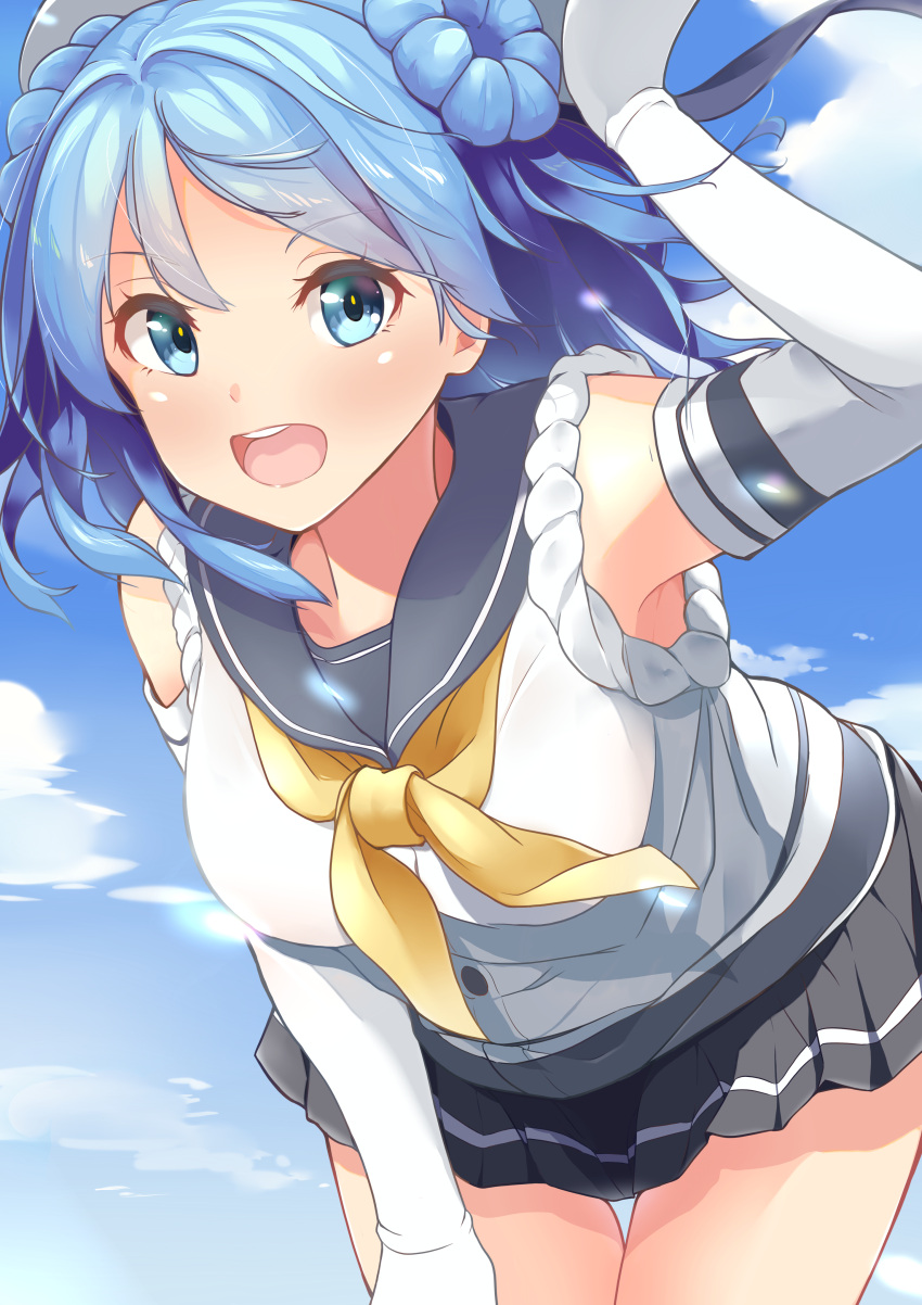 1girl absurdres atelier_z44 beret blue_eyes blue_hair blue_sailor_collar blue_sky breasts clouds cloudy_sky cowboy_shot double_bun elbow_gloves eyebrows_visible_through_hair gloves grey_skirt hat highres indoors kantai_collection looking_at_viewer medium_breasts neckerchief open_mouth pleated_skirt sailor_collar sailor_hat school_uniform serafuku shirt skirt sky sleeves_rolled_up smile solo urakaze_(kancolle) white_gloves white_headwear white_shirt yellow_neckwear