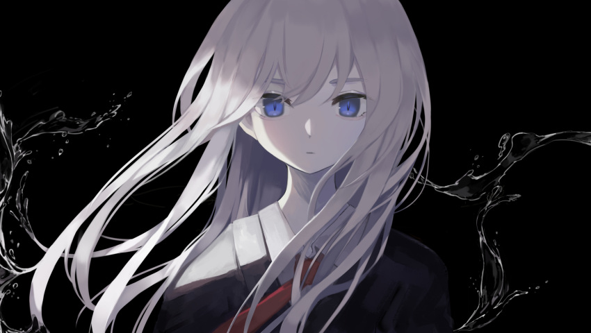 1girl bangs black_background black_jacket blue_eyes closed_mouth collared_shirt commentary_request eyebrows_behind_hair grey_hair hair_between_eyes highres jacket looking_at_viewer necktie ogami_ren original red_neckwear shirt simple_background solo upper_body water white_shirt