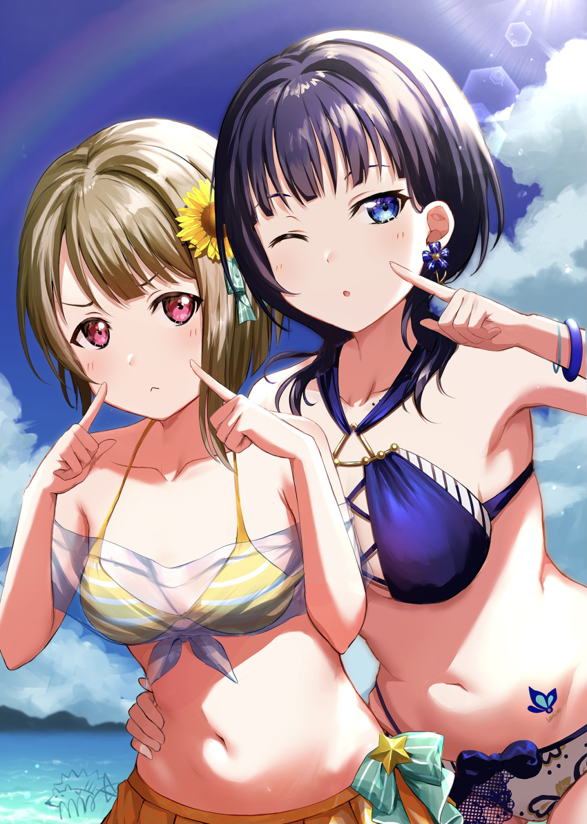 2girls absurdres asaka_karin bangs barefoot bikini bikini_skirt blue_bikini blue_eyes blue_sky blunt_bangs breasts brown_hair closed_mouth clouds collarbone commentary_request day eyebrows_visible_through_hair flower hair_flower hair_ornament hand_on_another's_waist highres lens_flare looking_at_viewer love_live! love_live!_nijigasaki_high_school_idol_club mia_(fai1510) multiple_girls nakasu_kasumi navel ocean outdoors parted_lips pointing pointing_at_self purple_hair red_eyes sidelocks signature sky small_breasts standing sunlight swimsuit tattoo yellow_bikini