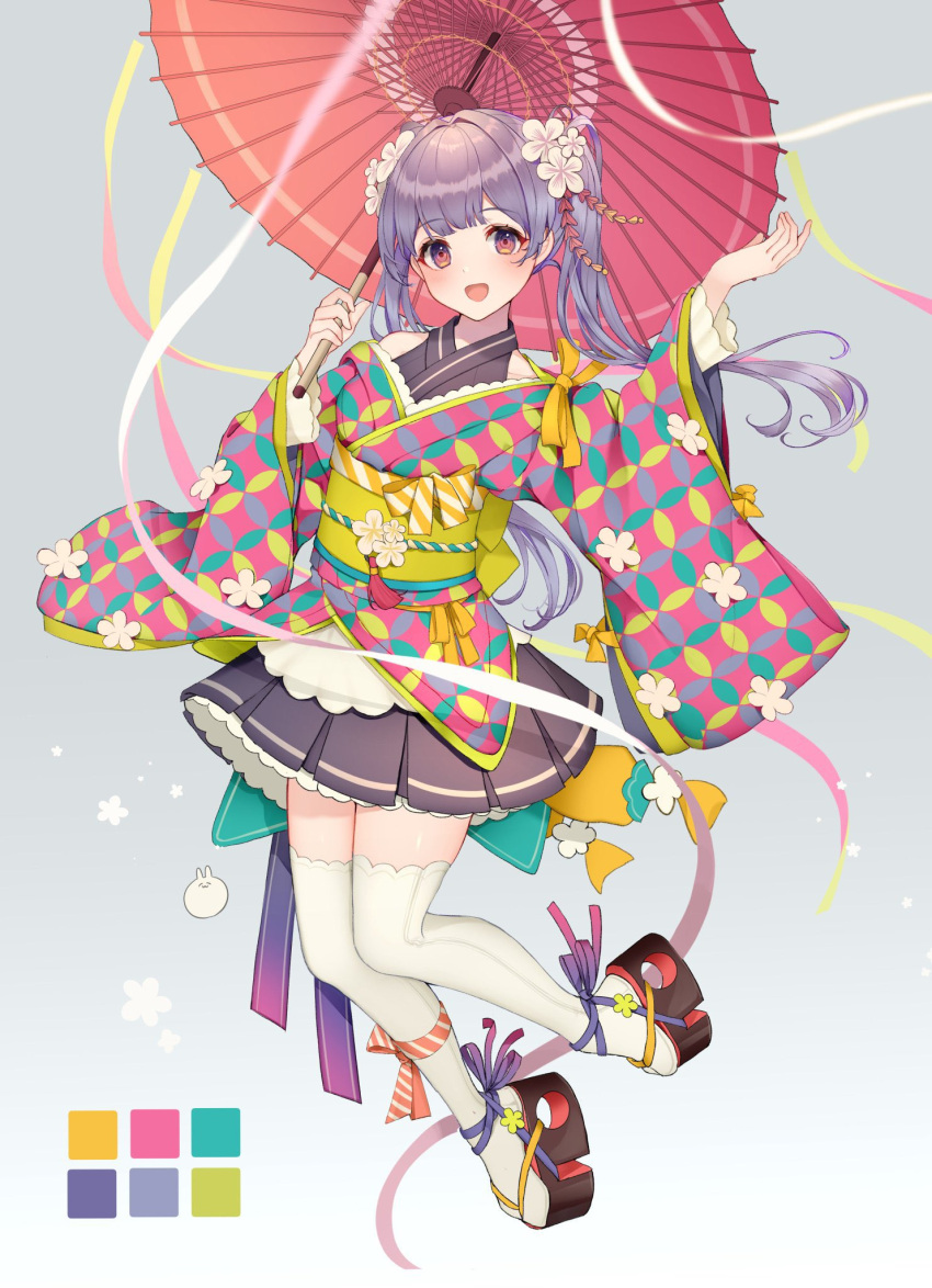 1girl :d bangs black_footwear black_skirt blush eyebrows_visible_through_hair flower full_body gradient gradient_background grey_background hair_flower hair_ornament highres holding holding_umbrella japanese_clothes kimono long_hair long_sleeves obi oil-paper_umbrella open_mouth original pink_kimono platform_footwear pleated_skirt purple_hair red_eyes red_umbrella sash skirt smile solo thigh-highs twintails umbrella usamochi. very_long_hair white_background white_flower white_legwear wide_sleeves zouri