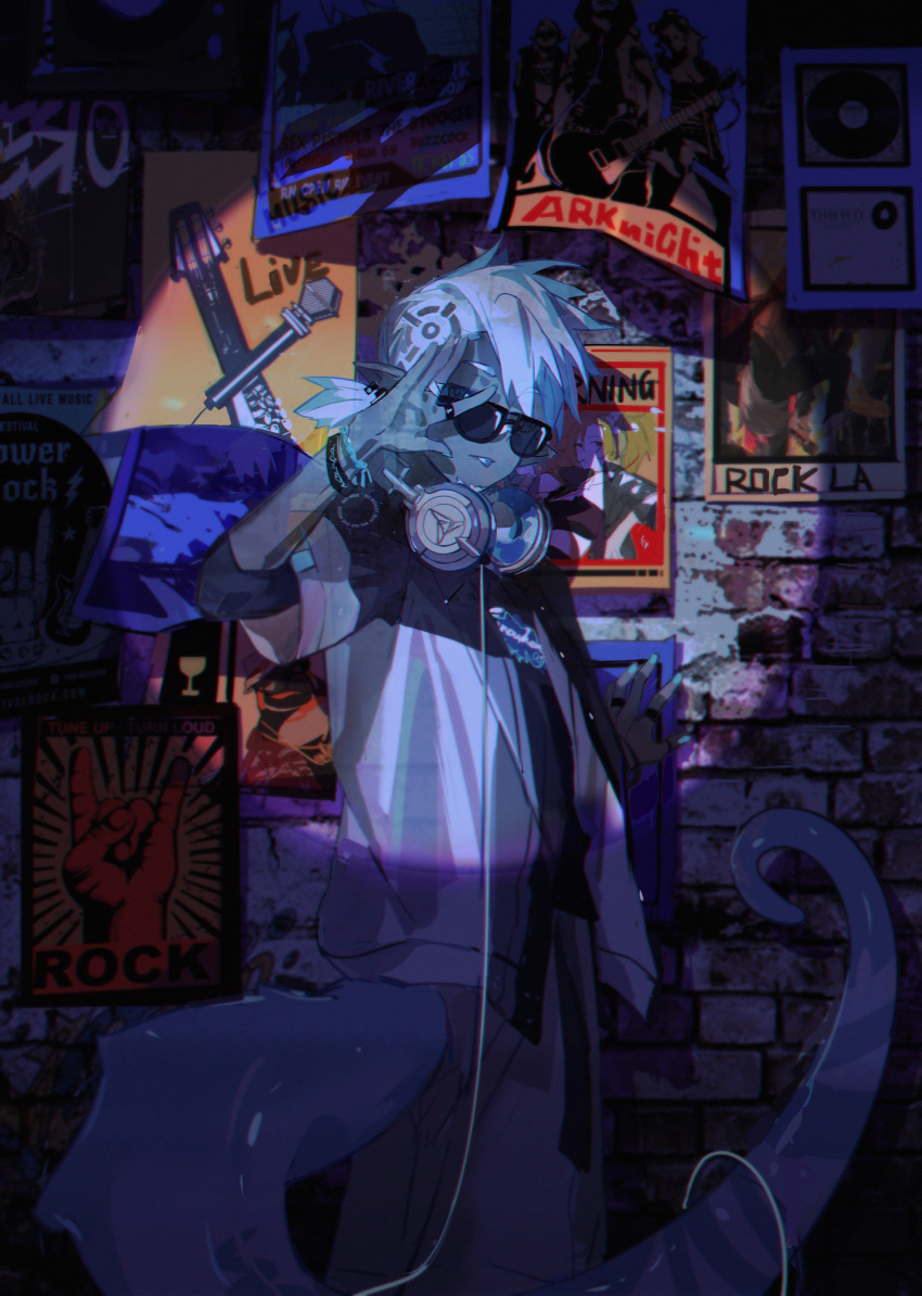 1boy arknights bracelet brick_wall chameleon_tail crosshair ethan_(ambience_synesthesia)_(arknights) ethan_(arknights) flashback glasses headphones headphones_around_neck highres jewelry kanose looking_at_viewer pants poster_(object) shirt solo tail tongue tongue_out white_hair
