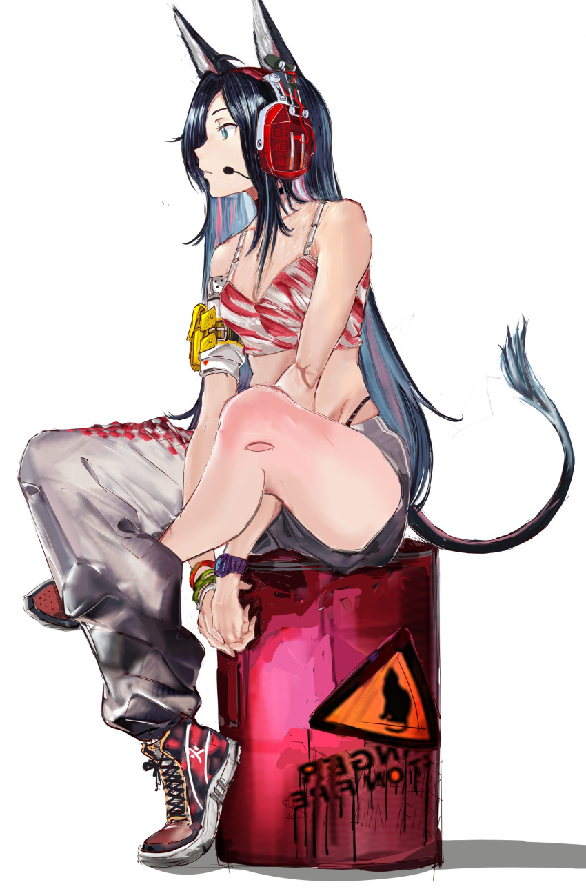 1girl absurdres animal_ears arknights bare_legs bare_shoulders black_hair blaze_(arknights) blaze_(burst_feline)_(arknights) blue_eyes breasts cat_ears cat_tail denim drum_(container) earphones highres jeans long_hair looking_to_the_side pants ritalem sitting sitting_on_drum solo swimsuit tail watch