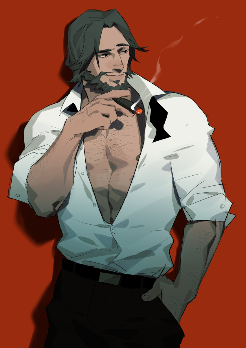 1boy abs absurdres bare_pecs beard chest_hair cigar cowboy_shot facial_hair hand_in_pocket highres horikwawataru looking_to_the_side male_focus mature_male mccree_(overwatch) muscular muscular_male nipple_slip nipples open_clothes open_shirt overwatch pectorals shirt short_hair smile smoke smoking solo white_shirt