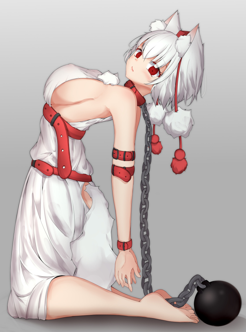 1girl absurdres animal_ears barefoot bdsm belt blush bondage bound breasts chain collar hat highres inubashiri_momiji large_breasts leather looking_at_viewer mamo_murata pom_pom_(clothes) red_eyes shirt short_hair sideboob silver_hair solo tagme tail tokin_hat touhou white_shirt wolf_ears wolf_tail