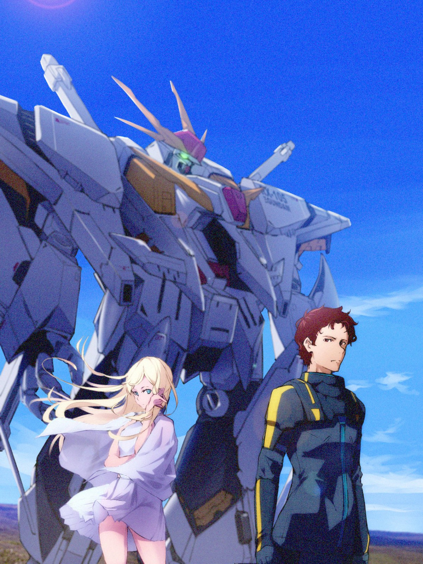 1boy 1girl apple_field arm_under_breasts blonde_hair blue_eyes breasts brown_eyes brown_hair capelet dress floating_hair gigi_andalusia green_eyes gundam gundam_hathaway's_flash hair_behind_ear hand_on_own_head hathaway_noa highres looking_to_the_side mecha mobile_suit pilot_suit science_fiction small_breasts standing v-fin white_capelet white_dress xi_gundam