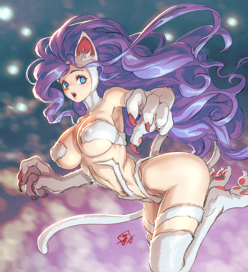 1girl :o animal_ears armpits bare_shoulders blue_eyes blue_hair blurry blurry_background breasts cat_ears cat_tail claws covered_nipples felicia_(vampire) fujii_eishun fur highres jumping knees_together large_breasts long_hair looking_back open_mouth paws purple_hair signature solo tail vampire_(game) very_long_hair