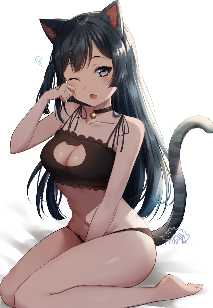 1girl ;o absurdres animal_ears bangs bare_arms bare_legs bare_shoulders bell black_bra black_choker black_eyes black_hair black_legwear black_panties bra cat_cutout cat_ears cat_girl cat_lingerie cat_tail choker clothing_cutout collarbone fang frilled_bra frills grey_eyes highres jingle_bell long_hair looking_at_viewer love_live! love_live!_nijigasaki_high_school_idol_club meme_attire mia_(fai1510) navel neck_bell one_eye_closed one_side_up panties rubbing_eyes sitting sleepy solo string_bra tail tail_raised underwear underwear_only waking_up wariza yuuki_setsuna_(love_live!)