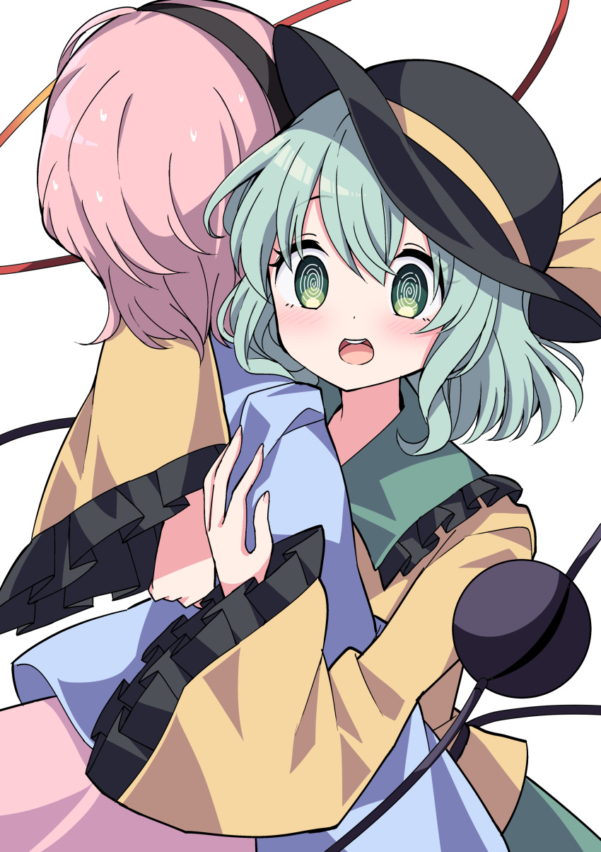 2girls :d @_@ absurdres bangs black_hairband black_headwear blue_shirt eyebrows_visible_through_hair frilled_sleeves frills green_eyes green_hair green_skirt hairband hat hat_ribbon highres hug komeiji_koishi komeiji_satori long_sleeves multiple_girls open_mouth pink_hair pink_skirt ribbon shirt simple_background skirt smile standing sweat third_eye touhou tsukimirin white_background wide_sleeves yellow_ribbon yellow_shirt