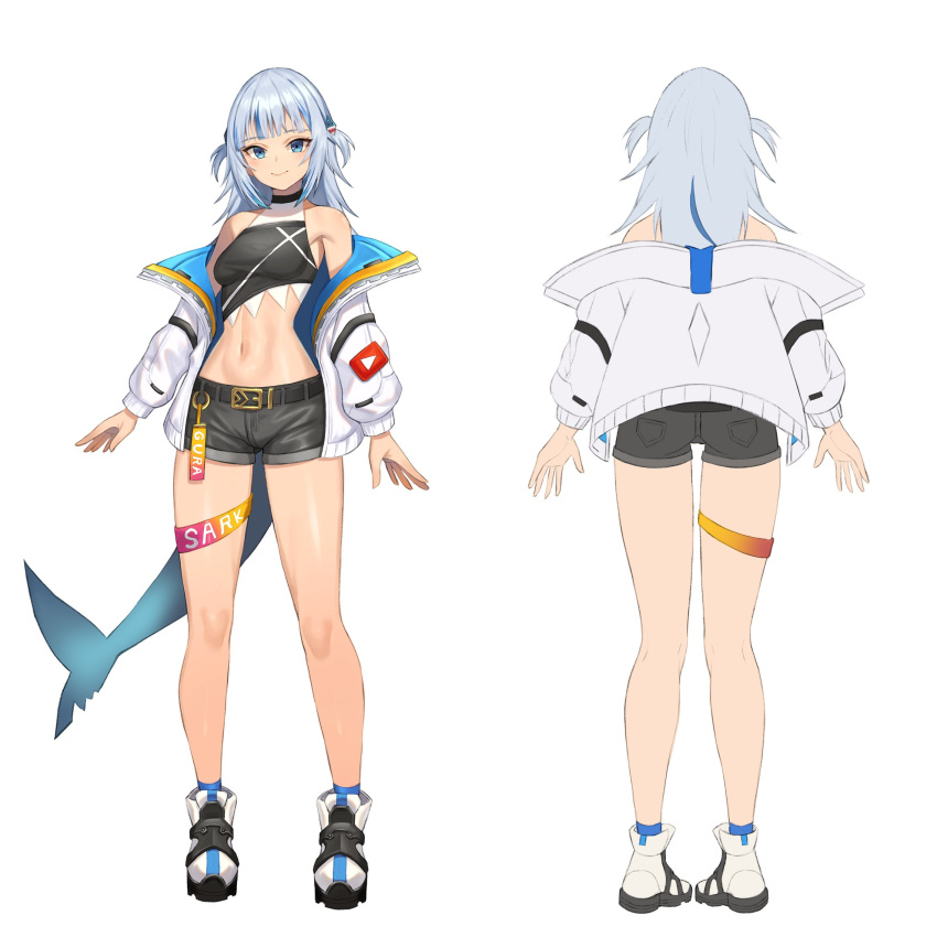 1girl alternate_costume bangs belt black_belt black_shorts blue_eyes blue_hair breasts character_name crop_top eyebrows_visible_through_hair gawr_gura highres hololive hololive_english jacket korean_commentary midriff multicolored_hair multiple_views navel off_shoulder open_hands shark_tail shorts silver_hair small_breasts streaked_hair tail virtual_youtuber wangjook_(wj) white_background white_footwear white_jacket wide_hips