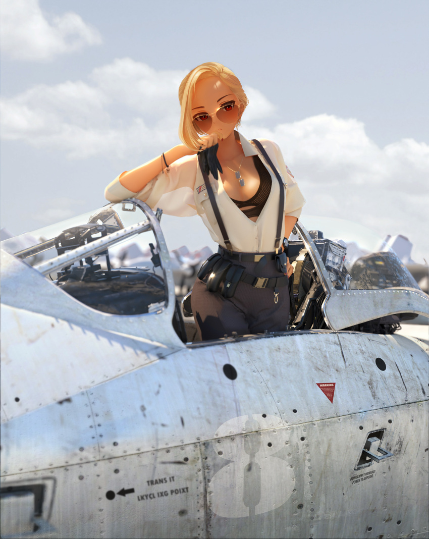 1girl aircraft airplane belt black_bra black_pants blonde_hair bra breasts clouds cloudy_sky english_text hand_on_hip highres jewelry long_sleeves maocha medium_breasts necklace open_clothes open_shirt original outdoors pants reflection shirt shirt_tucked_in short_hair sky solo suspenders tinted_eyewear underwear watch watch white_shirt