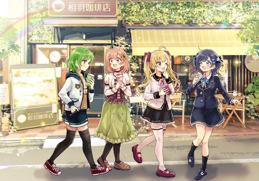 4girls ;d ahoge aiba_uiha bangs black_jacket black_legwear black_shorts black_skirt blazer blonde_hair blue_eyes blue_flower blue_footwear blue_hair blue_ribbon blush braid braided_bangs brown_footwear brown_hair closed_mouth collared_shirt commentary_request crepe cup day disposable_cup drawstring dress_shirt eye_contact eyebrows_visible_through_hair flower food food_on_face frilled_skirt frills green_eyes green_hair green_skirt hair_flower hair_ornament hand_in_pocket highres holding holding_cup holding_food honma_himawari hood hood_down hooded_jacket jacket juliet_sleeves kitakouji_hisui loafers long_hair long_sleeves looking_at_another multiple_girls neck_ribbon nijisanji official_art one_eye_closed open_clothes open_jacket open_mouth outdoors pantyhose pleated_skirt puffy_sleeves red_footwear ribbon sakura_oriko school_uniform shirt shoes short_shorts shorts skirt smile socks standing standing_on_one_leg sunflower sunflower_hair_ornament sweater_vest takamiya_rion thigh-highs translation_request twintails very_long_hair violet_eyes virtual_youtuber white_jacket white_legwear white_shirt yellow_flower yellow_shirt