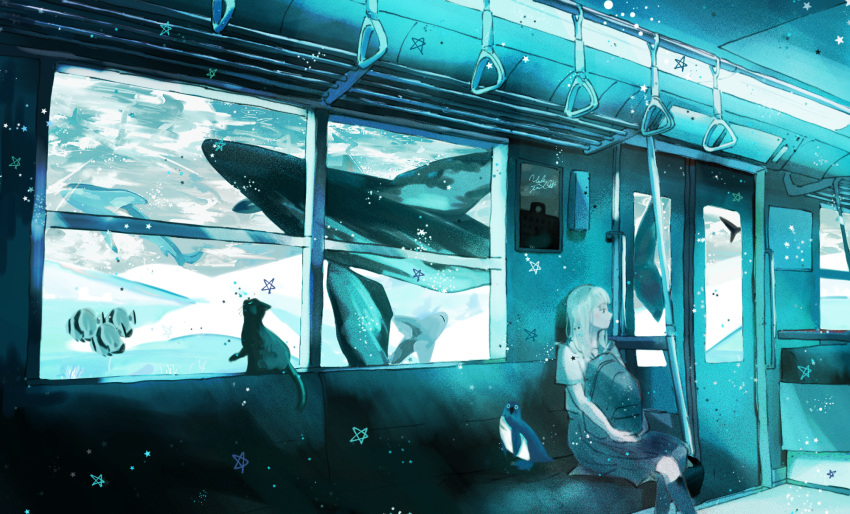 1girl aqua_theme bangs bird black_cat black_legwear black_skirt cat fish highres ivelovedsekaowa long_hair original penguin profile sailor_collar short_sleeves sitting skirt solo star_(symbol) train_interior whale white_hair