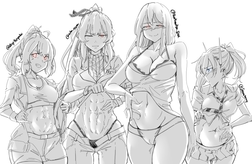 4girls abs absurdres blush breasts character_request copyright_request groin hand_on_own_stomach highres horns large_breasts looking_at_viewer medium_breasts miniskirt monochrome multiple_girls navel necktie no_pants nym one_eye_closed panties sketch skindentation skirt sports_bra twitter_username underwear white_background