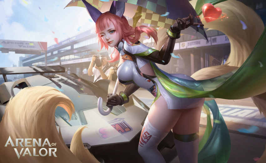 arena_of_valor blue_eyes breasts car character_request closed_mouth clothing_request commentary ears english_text fluffy ground_vehicle heart highres large_breasts motor_vehicle one_eye_closed racetrack sparkle tagme tail thigh-highs y_xun