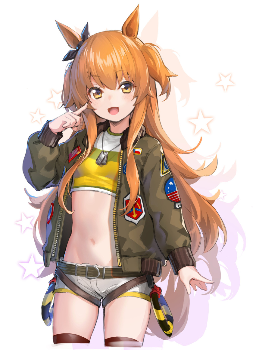 1girl :d absurdres animal_ears belt breasts brown_legwear colored_shadow crop_top cropped_legs deluxe&lt;&lt;&lt; dog_tags green_jacket hand_up highres horse_ears horse_girl horse_tail index_finger_raised jacket long_hair long_sleeves looking_at_viewer mayano_top_gun_(umamusume) micro_shorts midriff navel open_clothes open_jacket open_mouth orange_eyes orange_hair shadow shirt short_shorts shorts simple_background small_breasts smile solo standing stomach tail thigh-highs thighs twintails two_side_up umamusume very_long_hair white_background white_shorts yellow_shirt