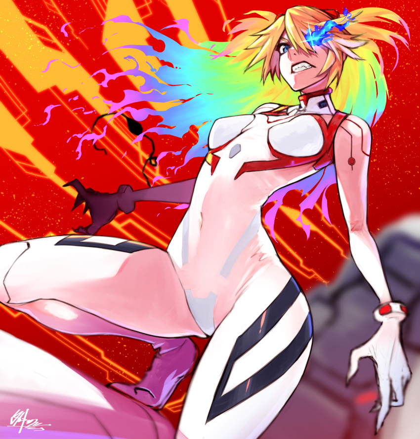 1girl bangs blonde_hair blue_eyes blue_fire blue_hair bodysuit breasts clenched_teeth cockpit evangelion:_3.0+1.0_thrice_upon_a_time fire glowing glowing_eye green_hair highres interface_headset leaning_back looking_down neon_genesis_evangelion open_hands orange_hair pilot_suit plugsuit purple_hair rebuild_of_evangelion shikinami_asuka_langley skin_tight small_breasts solo souryuu_asuka_langley teeth tsuyoshi_takaki