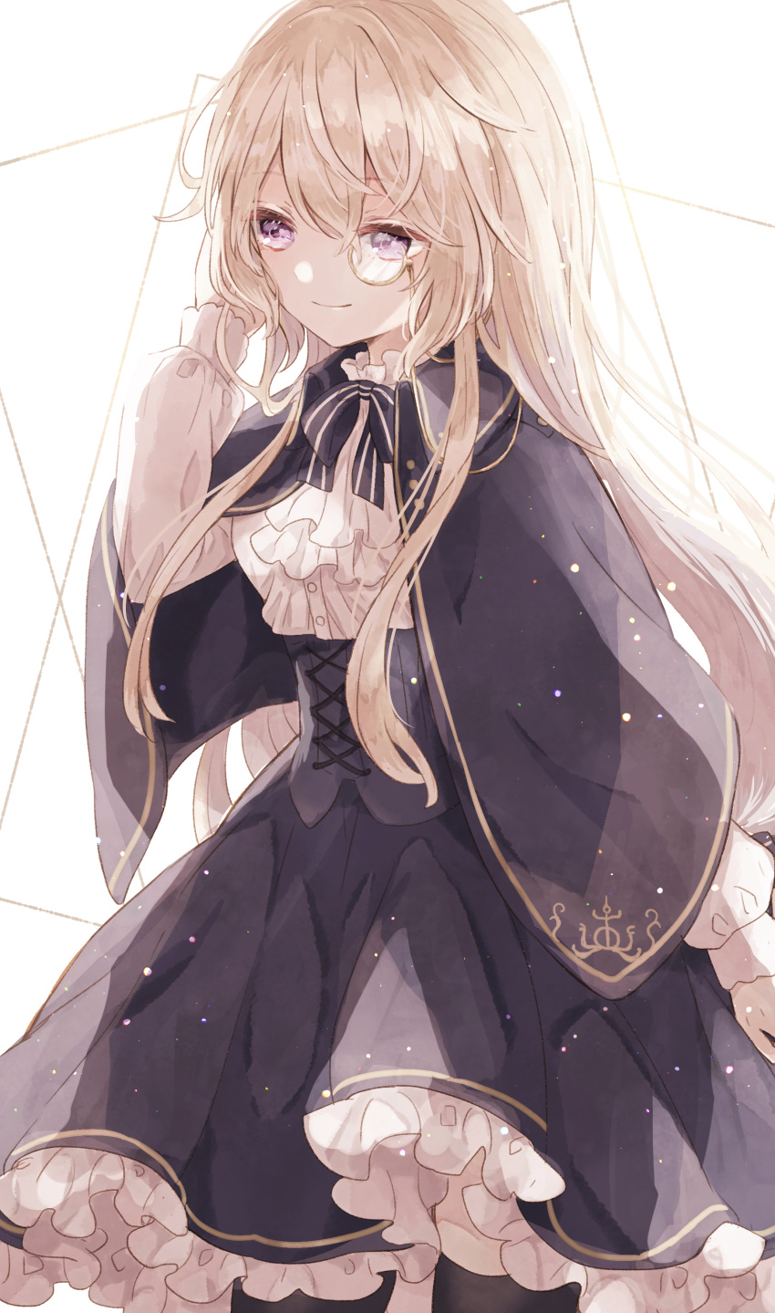 1girl absurdres black_bow black_dress black_legwear blonde_hair bow corset dress highres long_hair long_sleeves monocle original puffy_sleeves simple_background smile socks solo solo_focus tukimisou0225 violet_eyes