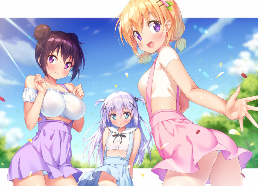 3girls :d alternate_costume alternate_hairstyle ass blue_eyes blue_sky blush breasts clouds commentary day double_bun flat_chest gochuumon_wa_usagi_desu_ka? hair_bun hair_ornament highres hoto_cocoa ichi_makoto kafuu_chino large_breasts looking_at_viewer medium_breasts multiple_girls navel open_mouth outdoors panties pantyshot petals pink_skirt purple_skirt shirt short_hair skirt sky smile standing suspender_skirt suspenders tedeza_rize two_side_up underwear violet_eyes white_panties wind x_hair_ornament