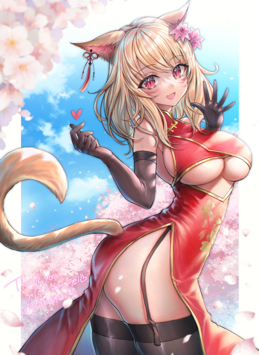 1girl :d animal_ears bangs black_gloves black_legwear blue_sky breasts cat_ears cat_girl cat_tail cherry_blossoms china_dress chinese_clothes clothing_cutout dress earrings elbow_gloves eyebrows_visible_through_hair facial_mark fang fang_out final_fantasy final_fantasy_xiv floral_print flower garter_straps gloves hair_flower hair_ornament heart highres jewelry large_breasts light_brown_hair long_hair miqo'te mirukurim open_mouth outdoors petals pink_flower red_dress red_eyes side_slit sideboob sky sleeveless sleeveless_dress smile solo tail thigh-highs thighs traditional_clothes under_boob underboob_cutout