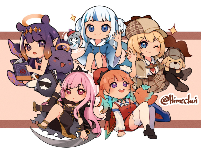 5girls :o ao-chan_(ninomae_ina'nis) armlet black_legwear blonde_hair bloop_(gawr_gura) blue_eyes blue_hair blush book brown_background bubba_(watson_amelia) bubble cape capelet chibi colored_inner_hair death-sensei_(mori_calliope) deerstalker detached_sleeves dog fang fish gawr_gura green_hair hair_ornament halo hat headgear highres himechui hololive hololive_english holomyth kotori_(takanashi_kiara) long_hair looking_at_viewer monocle_hair_ornament mori_calliope multicolored_hair multiple_girls neck_ribbon necktie ninomae_ina'nis one_eye_closed open_book orange_hair pink_eyes pink_hair plaid plaid_skirt pleated_skirt pointy_ears purple_hair red_neckwear ribbon scar scythe single_thighhigh skirt smile streaked_hair sunglasses symbol_commentary takanashi_kiara tako_(ninomae_ina'nis) tentacle_hair tentacles thigh-highs tiara twitter_username two-tone_background two_side_up veil violet_eyes virtual_youtuber watson_amelia white_background white_legwear