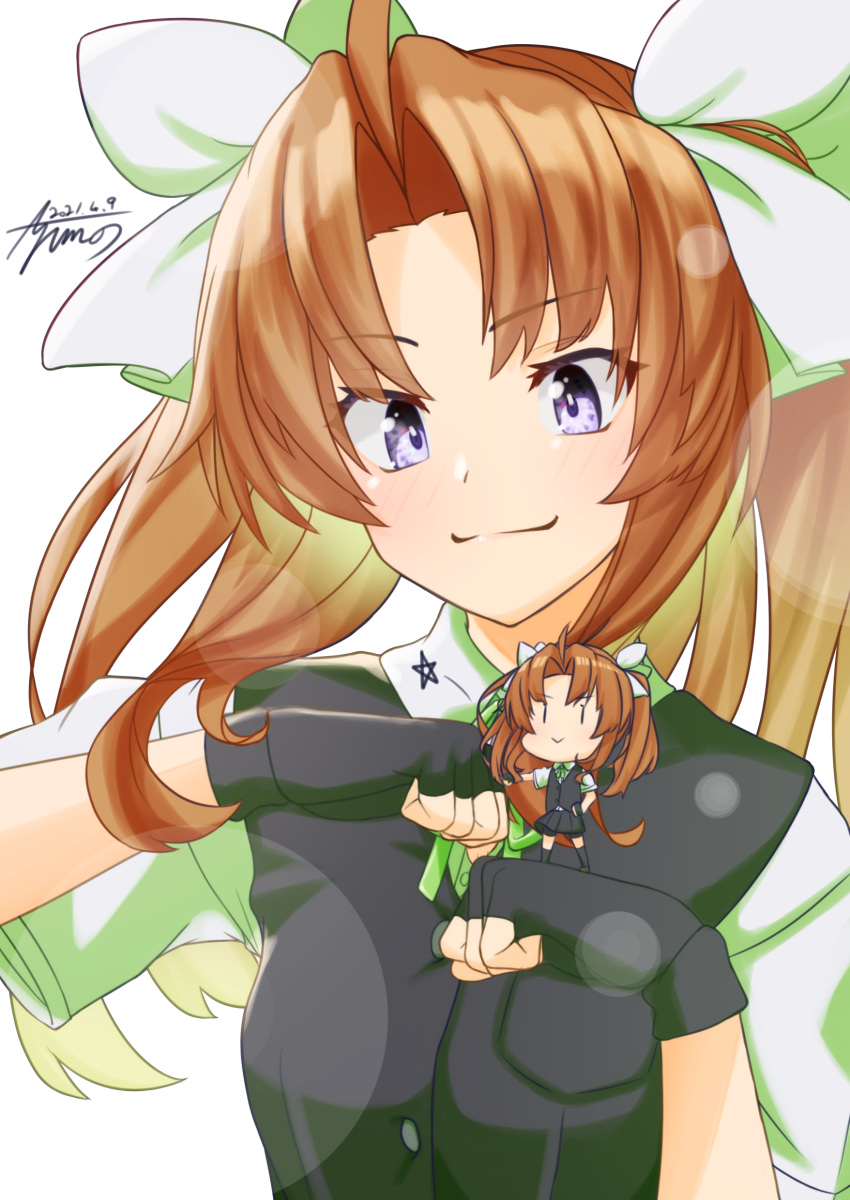 1girl absurdres ahoge ayuman black_gloves black_vest brown_hair dated dual_persona fairy_(kancolle) fingerless_gloves fist_bump gloves green_ribbon green_shirt hair_ribbon highres kagerou_(kancolle) kantai_collection long_hair minigirl remodel_(kantai_collection) ribbon school_uniform shirt short_sleeves signature simple_background solo twintails upper_body vest white_background