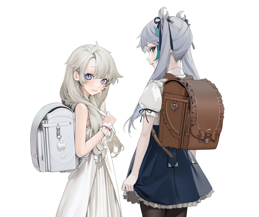 2girls backpack bag bangs bare_shoulders black_ribbon blonde_hair blue_eyes blue_skirt blush brown_bag commentary_request copyright_request dress frilled_skirt frills from_behind hair_ornament hair_ribbon highres long_hair looking_at_viewer multiple_girls ohisashiburi pantyhose profile puffy_short_sleeves puffy_sleeves ribbon shirt short_sleeves simple_background skirt standing white_background white_dress white_shirt