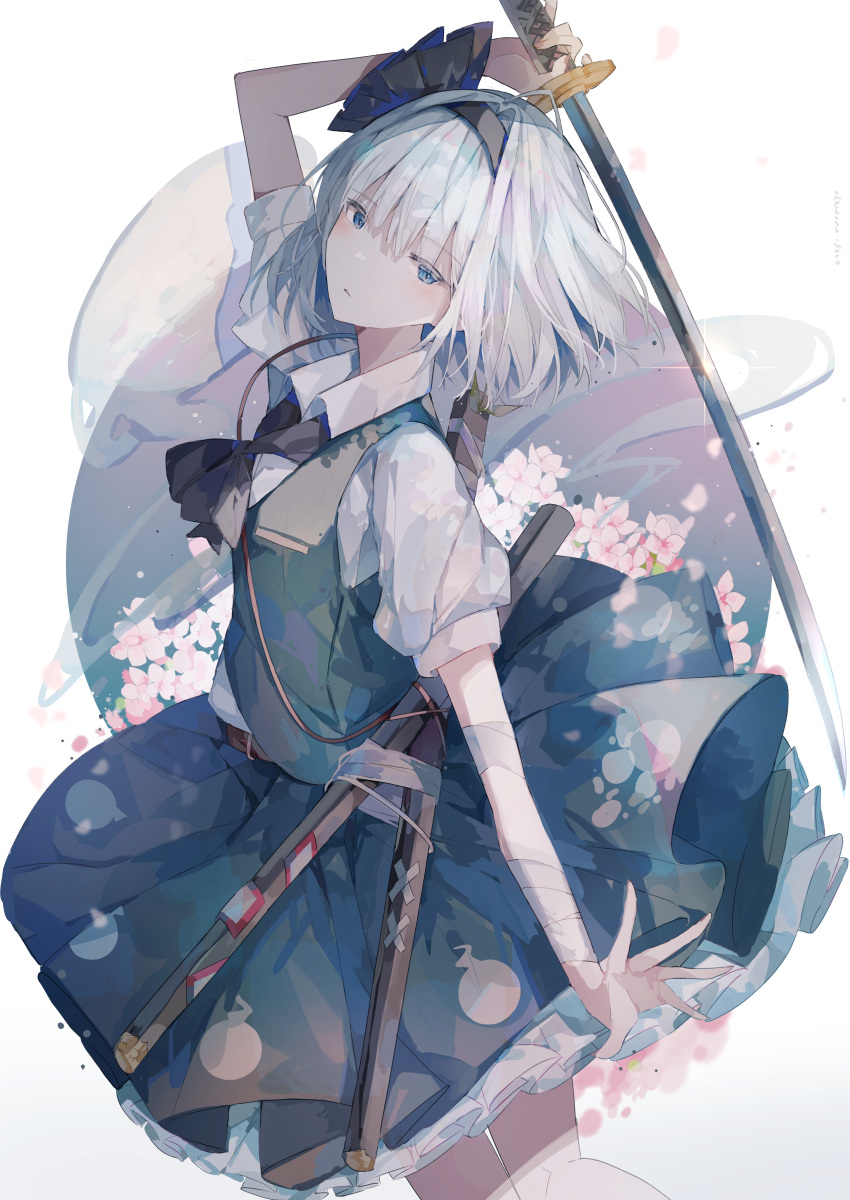 1girl absurdres arm_up ascot bangs black_hairband black_neckwear black_ribbon blue_eyes breasts eyebrows_visible_through_hair feet_out_of_frame green_skirt green_vest hair_ribbon hairband highres hitodama_print holding holding_sword holding_weapon huge_filesize katana konpaku_youmu konpaku_youmu_(ghost) looking_at_viewer parted_lips petticoat puffy_short_sleeves puffy_sleeves ribbon sheath sheathed short_hair short_sleeves silver_hair simple_background skirt small_breasts solo standing sword touhou umemaro_(siona0908) vest weapon white_background wing_collar