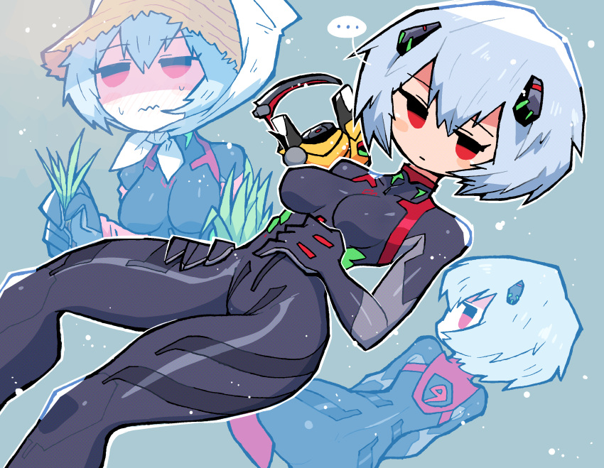 1girl alternate_costume ass ayanami_rei blue_hair blush bodysuit breasts curvy eva_00 evangelion:_3.0+1.0_thrice_upon_a_time hat highres medium_breasts multiple_views neon_genesis_evangelion plugsuit rariatto_(ganguri) rebuild_of_evangelion red_eyes shiny shiny_clothes shiny_hair short_hair solo straw_hat sweat