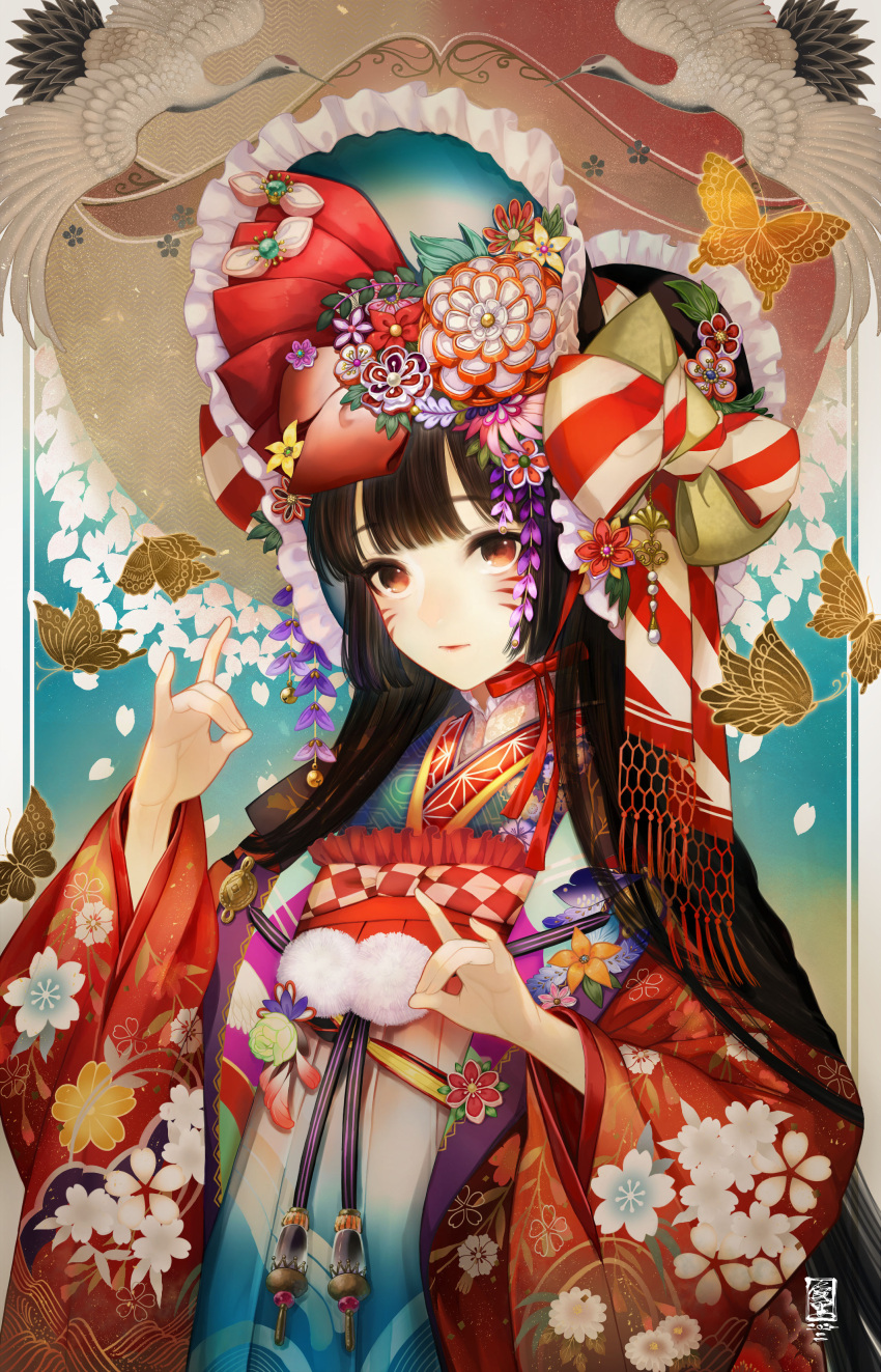 1girl absurdres asa_no_ha_(pattern) bangs bird black_hair blunt_bangs bow bug butterfly floral_print flower hair_bow hands_up hat highres hori_airi insect japanese_clothes kimono long_hair looking_at_viewer obi orange_eyes original print_kimono sash smile solo upper_body yellow_flower