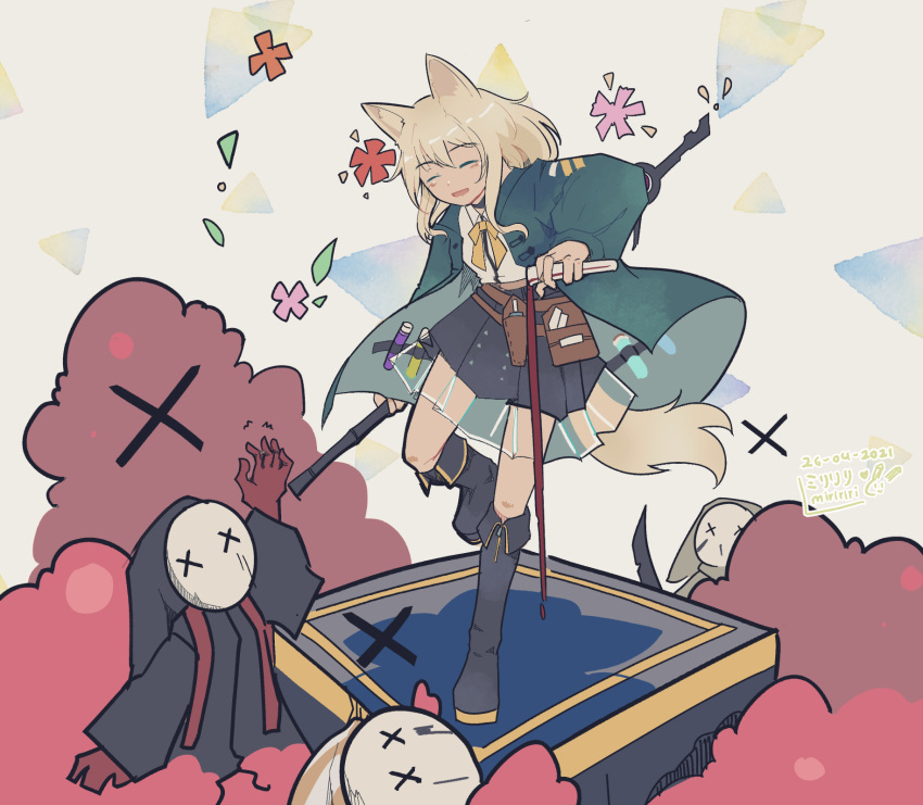 1girl 3others :d animal_ears arknights bangs belt black_footwear black_skirt blonde_hair boots closed_eyes dated dog_ears dog_tail eyebrows_visible_through_hair full_body green_jacket hair_between_eyes highres jacket knee_boots leg_up long_sleeves looking_at_viewer medium_hair miniskirt mirelle94 multiple_others neck_ribbon open_clothes open_jacket open_mouth pleated_skirt podenco_(arknights) pouring reunion_soldier_(arknights) ribbon see-through shirt skirt smile solo staff standing tail test_tube thigh_strap utility_belt vial watermark white_shirt x_x yellow_neckwear yellow_ribbon
